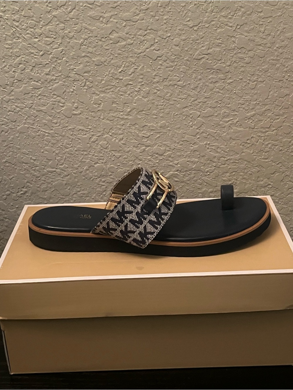 Woven Black and White Slide Sandal with Gold Buckle - Picture 1 of 2